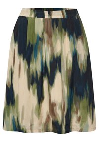 Une jupe jusqu'aux genoux avec une taille froncée, présentant un motif abstrait multicolore dans des tons de vert, bleu et neutres sur un tissu doux.