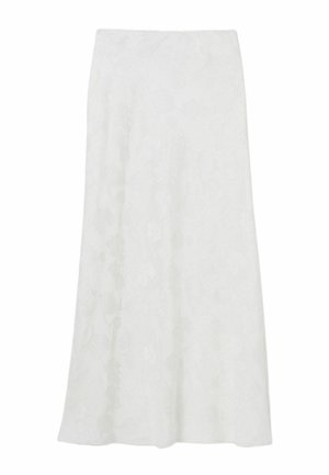 Falda blanca en línea A con una sutil textura floral, corte recto y un dobladillo a la altura del tobillo. Tejido ligero con un acabado suave.