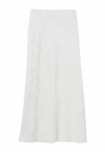 Falda blanca en línea A con una sutil textura floral, corte recto y un dobladillo a la altura del tobillo. Tejido ligero con un acabado suave.
