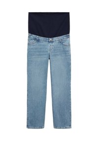 Lichtblauwe denim jeans met een donkerblauwe elastische tailleband, rechte pijpen, vijf zakken en een klassieke knoopsluiting.