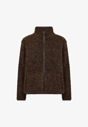 Brown fleece jacket with a high collar, front zip closure, and side pockets. Textured, soft fabric with a loose fit and contrasting trim.