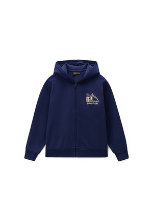 Sweat à capuche zippé bleu marine avec capuche et logo graphique de montagne sur la poitrine gauche affichant le texte « NAPAPIJRI » et des icônes de plein air.