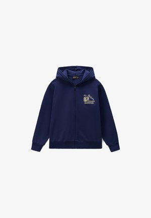 Granatowa bluza z kapturem na zamek, z kapturem i graficznym logo góry na lewej piersi z napisem "NAPAPIJRI" oraz ikonami outdoor.