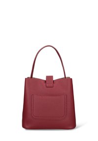 Borsa a mano in pelle rossa texturizzata con manico superiore singolo, tasca frontale applicata e patta con chiusura a linguetta.