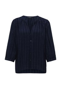 Blusa blu navy con righe verticali, chiusura a bottoni, scollo plissettato e maniche a tre quarti. Realizzata in tessuto leggero e testurizzato.