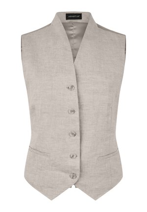 Gilet beige chiaro senza maniche con cinque bottoni frontali, due tasche anteriori e scollo a V.