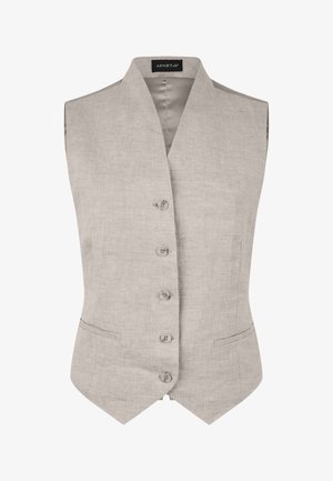 Gilet beige chiaro senza maniche con cinque bottoni frontali, due tasche anteriori e scollo a V.