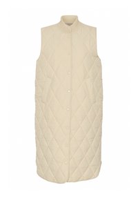 Gilet matelassé beige avec un col haut, sans manches, se fermant à l'avant par des boutons-pression et doté de poches latérales. Présente un motif en losange sur tout le tissu.