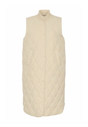 Béžová prešívaná vesta s vysokým golierom, bezrukávovým dizajnom, prednými patentkami a bočnými vreckami. Má diamantový vzor po celom povrchu látky.