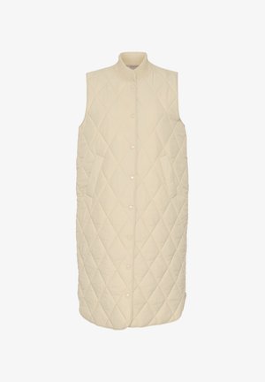Béžová prošívaná vesta s vysokým límcem, bezrukávová konstrukce, přední zapínání na cvočky a boční kapsy. Obsahuje diamatový vzor po celé látce.