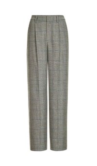 Hochtaillierte, maßgeschneiderte Hose mit einem grau-schwarzen Karomuster, geraden, weiten Beinen, Gürtelschlaufen und vorderen Falten.