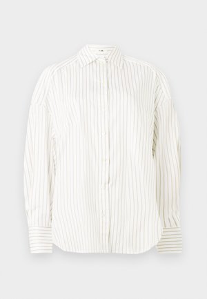 White button-up shirt with subtle vertical golden stripes, a classic collar, and slightly puffed sleeves, featuring structured cuffs with matching stripes.
