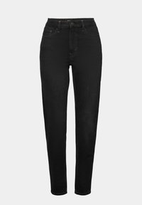 Jean skinny noir taille haute avec bouton frontal, fermeture éclair, passants de ceinture et design à cinq poches sur fond uni.