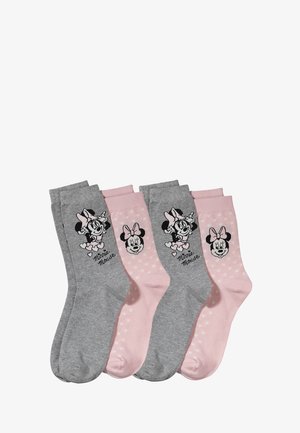 Quattro paia di calzini nei colori grigio e rosa, con pois e grafiche di Minnie Mouse. Tessuto morbido, design a lunghezza caviglia.
