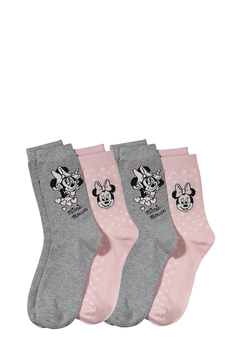 Quattro paia di calzini nei colori grigio e rosa, con pois e grafiche di Minnie Mouse. Tessuto morbido, design a lunghezza caviglia.