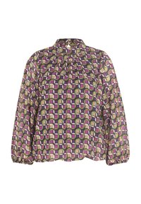 Blouse à manches longues avec col montant et fermeture par boutons, présentant un motif géométrique en violet, vert, beige et noir.
