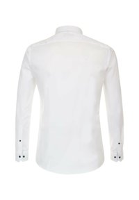 Weißes Langarmhemd mit einem klassischen Kragen, glatter Textur und schwarzen Knopfmanschetten. Die Rückseite hat ein schlichtes Design ohne Muster.