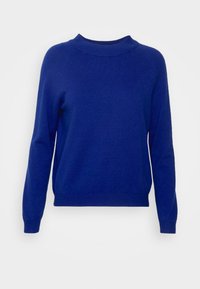 Blå stickad tröja med rundad halsringning, långa ärmar och en åtsittande nederkant. Tillverkad av mjukt material med en slät yta.