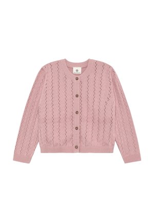 Różowy, dziergany kardigan z motywem diamentów, okrągłym dekoltem, zapięciem na guziki oraz ściągaczami przy mankietach i na dole.