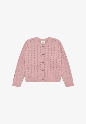 Rosa gestrickte Strickjacke mit Diamantmuster, rundem Ausschnitt, Knopfleiste sowie gerippten Bündchen und Saum.