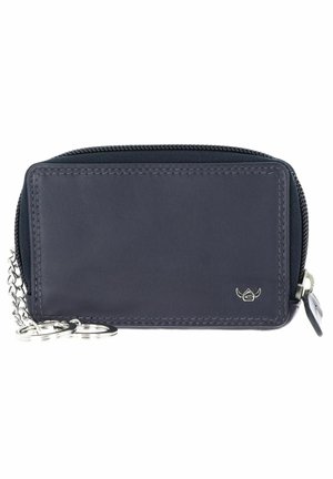 Petit porte-clés en cuir bleu marine avec fermeture éclair et chaîne porte-clés argentée attachée, avec un petit logo métallique dans le coin avant.