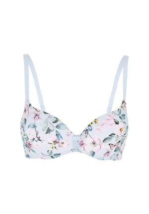 Reggiseno con motivo floreale in morbido tessuto azzurro chiaro, spalline regolabili e chiusura a gancio. Presenta vari fiori pastello e foglie verdi.