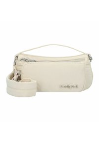 Crème-kleurige pouch tas met een textuur oppervlak, zilveren rits en een afneembare schouderband; bevat een reliëflogo aan de zijkant.