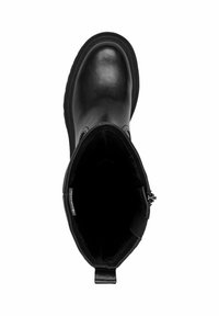 Black leather ankle boot with a smooth texture, round toe, and a pull tab at the back. Interior features soft lining.