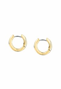 Orecchini a cerchio in oro con un design liscio e arrotondato. Gli orecchini presentano una finitura lucida e una chiusura a cerniera per un fissaggio sicuro.
