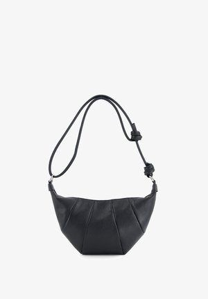Black leather handbag with a curved, pleated design and a thin strap. Features a small metal hardware accent. Textured surface.