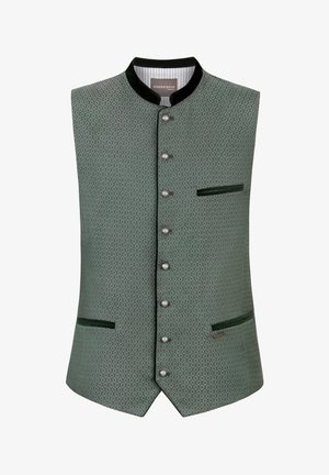 Green patterned men's vest with black stand collar, six silver buttons, and three dark-trimmed pockets, front view.