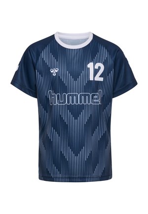 Marineblaues Sporttrikot mit weißem Kragen, Nummer 12 auf der Brust, "hummel"-Logo und vertikalem Chevron-Streifenmuster.