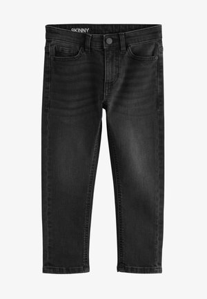 Mršave crne traperice sa glatkom teksturom, dizajnom s pet džepova, prednjim zatvaranjem na dugme i kontrastnim šavovima.