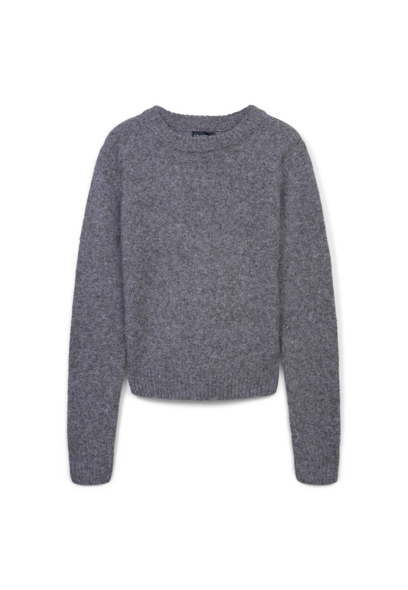 Grau gestrickter Pullover aus weicher Wolle, mit klassischem Rundhalsausschnitt, langen Ärmeln und ribbeligem Saum. Strukturiert Oberfläche mit einem leicht lockeren Schnitt.