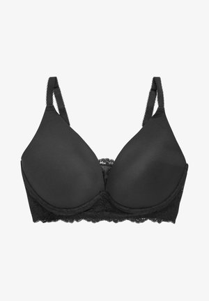Czarny biustonosz z formowanymi miseczkami, koronkowym wykończeniem na dole, regulowanymi ramiączkami i gładką fakturą materiału. Brak widocznego wypełnienia.