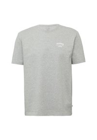 Lichtgrijze katoenen t-shirt met een ronde hals, korte mouwen en een klein gedrukt logo op de borst. Zachte textuur, casual pasvorm.