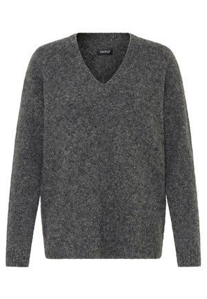 Grau wollener Pullover mit V-Ausschnitt, langen Ärmeln und einer weichen, strukturierten Oberfläche. Verfügt über eine lockere Passform und minimale Details.