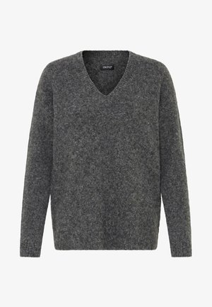 Grau wollener Pullover mit V-Ausschnitt, langen Ärmeln und einer weichen, strukturierten Oberfläche. Verfügt über eine lockere Passform und minimale Details.