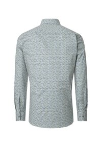 Long-sleeve shirt in light fabric featuring a blue and green polka dot pattern. Button cuffs and a classic collar. Back view shown.