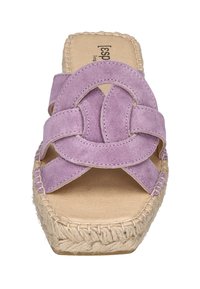 Purple suede slide sandal with a woven jute sole, featuring a braided strap design and a natural, textured footbed for comfort.