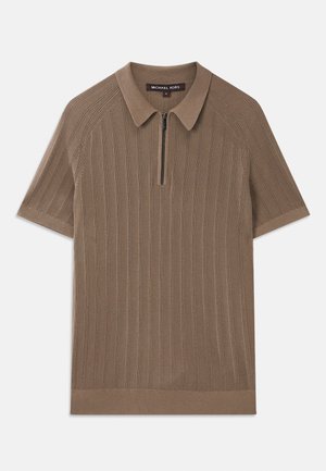 Brązowa, prążkowana, krótkorękawowa koszulka polo z kołnierzykiem i zamkiem błyskawicznym z przodu, oznaczona marką Michael Kors, rozmiar medium.