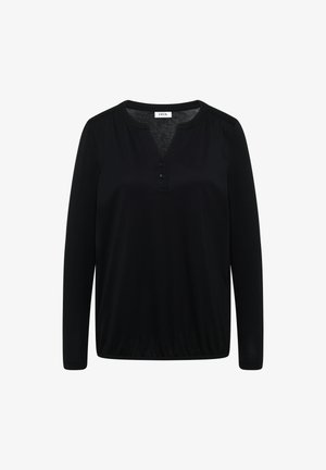 Zwarte langetermijntop van zacht materiaal met een V-hals, drie knopen en gerimpelde details bij de schouders en de zoom.