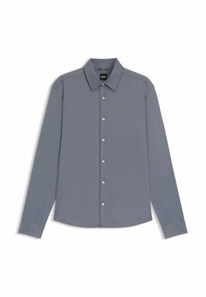 Long-sleeve shirt in light grey, featuring a classic collar, button-up front with silver buttons, and a smooth texture.