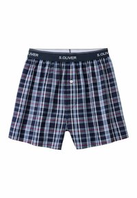 Navy plaid boxers with light blue and red stripes, featuring a button fly and a soft waistband labeled "S. OLIVER." Cotton material.