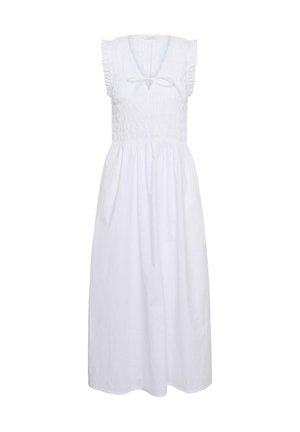 Weißes ärmelloses Midikleid mit gerafftem Oberteil, gerüschten Schulterdetails, V-Ausschnitt und einer kleinen Schleife in der vorderen Mitte.