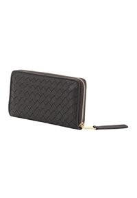 Black woven leather wallet with a zip closure, featuring a gold-tone zipper and a wrist strap for carrying convenience.