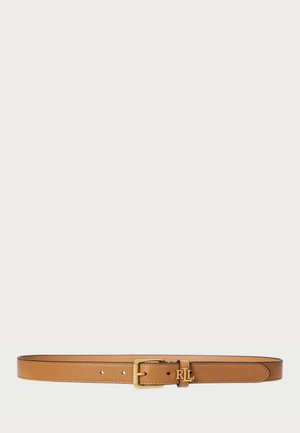 Brun læderbælte med en glat overflade, prydet med en guldspænde og et prægede "RL" logo. Simpelt design med justerbare huller.