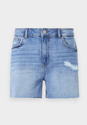 Denim shorts in light blue with a distressed finish. Features five pockets, a front button closure, and a straight cut with frayed hem.