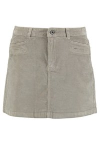 Grauer Cord-Rock mit geradem Schnitt, zwei vorderen Taschen und Metallknopfverschluss an der Taille. Strukturierte Stoffdetails und Farbe.