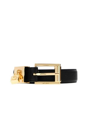 Ceinture en cuir noire avec une boucle rectangulaire dorée brillante et un petit cadenas doré près de la fermeture.